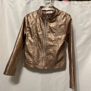Little Lass Girls Jacket Brown Rose Gold Faux Leather Pockets Studded Zip Snap 5 - Picture 1 of 6