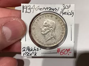 2 Reichsmark 1934 F, Germany, Friedrich Schiller, 2 Mark - Picture 1 of 6