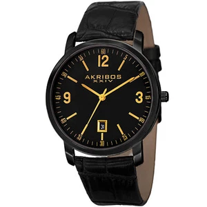 New Men's Akribos XXIV AK780BK Swiss Quartz Date Black Genuine Leather Watch - Picture 1 of 2