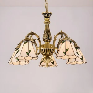 Rustic Stained Glass Chandelier Lighting Hanging Celing Pendant Light in Brass - Picture 1 of 9