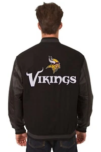 Minnesota Vikings Wool Leather Reversible Jacket Embroidered Patch Logos Black - Picture 1 of 6