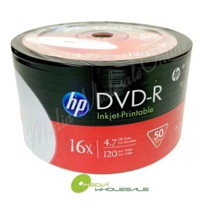 1000 HP Blank 16X DVD-R DVD White Inkjet Printable 4.7GB 120Min Disc 20x50pk - Image 1 of 4