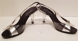 Vintage ONEX Clear & Silver- Lucite Heel Slingback Strap Shoes - Rhinestones 5 - Picture 1 of 9