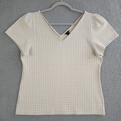 Ann Taylor Top Womens Large Beige White Gingham Double V Knit Top Cap Sleeve Foto 1 de 4