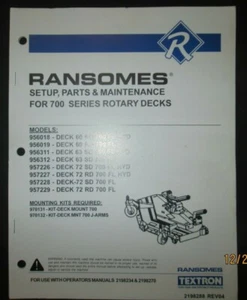 TEXTRON RANSOMES 700 Series Rotary Mower Decks Setup, Maintenance & Parts Manual - Foto 1 di 4