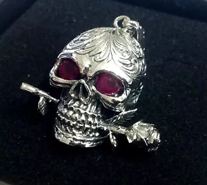Sterling Silver Day of the Dead Skull’s Head & Rose 3D Ruby Pendant Gothic WGW - Picture 1 of 12