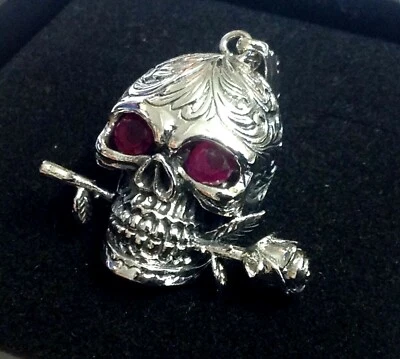 Sterling Silver Day of the Dead Skull’s Head & Rose 3D Ruby Pendant Gothic WGW — 第 1/4 张图片