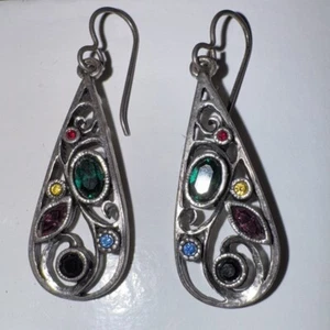 2005 Patricia Locke Signed Silver Tone Crystals 1.25” Hook Dangle Earrings - Picture 1 of 7
