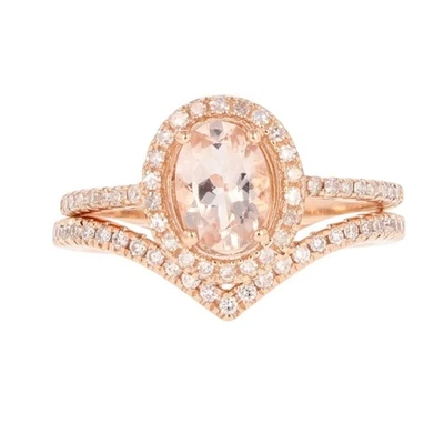 Juego de boda solitario de morganita ovalado de 0,82 quilates con halo de diamantes de oro rosa de 14 k talla 5 Foto 1 de 4