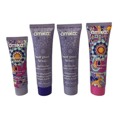 AMIKA BUST YOUR BRASS COOL BLONDE CONDITIONER SHAMPOO MASK SHINE CREAM Travel St - Image 1 of 4