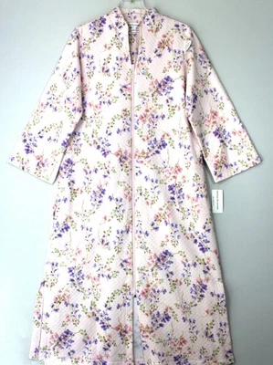 MISS ELAINE 662824 Zip Front Quilted Robe Size Medium Pink Floral Retail $94 - Image 1 of 3
