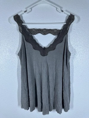 La Miel Tank Top Womens Large Gray Lace Trim V Neck Cami Swing Sleeveless Boho - Image 1 of 4