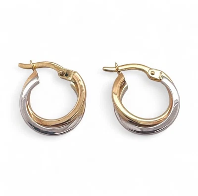 9ct Hollow Two Tone Cross Over Hoop Earrings 10mm 1.1 g Preloved - Image 1 of 4
