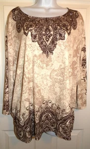 Lovely Brown/Beige Print ALFRED DUNNER 3/4 Sleeve Top w/Rhinestone Trim - 3X - Foto 1 di 2