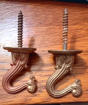 Two Ornate Vintage Ceiling Screw In Hook Swag Antique Gold Tone - Image 1 of 2