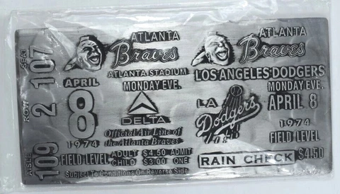 HANK AARON BRAVES BREAKS BABE RUTH’S HOMERUN RECORD APRIL 8, 1974 METAL TICKET Cover
