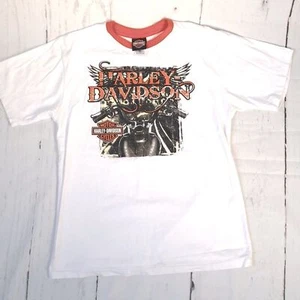 Harley Davidson white logo graphic T-shirt Size XL White orange Biker HD Tee - Picture 1 of 9