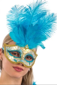 Ladies Masquerade Mask Halloween Ball Feathered Venetian Costume Fancy Dress - Picture 1 of 13