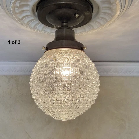 139c Antique/Vtg 20s- 40s Glass Hobnail Ceiling Light Fixture Globe hall porch Cover