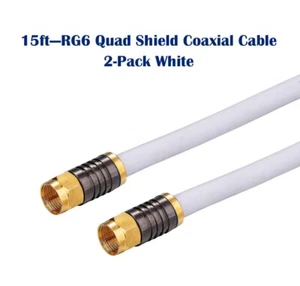 2-Pack -15ft White RG6 Quad Shield Coax Cable for TV Antenna Satellite Dish DVD - Picture 1 of 9