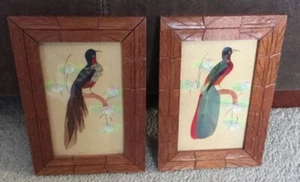 SET OF 2 Vintage Bird Pictures With Real Feathers 7”x 5” Wood Frames RETRO - Picture 1 of 4