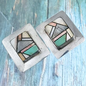 Vintage Southwestern Sterling Silver Multi-Gemstone Earrings - Picture 1 of 6