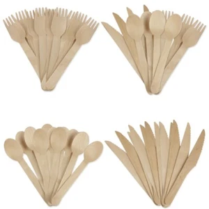 WOODEN CUTLERY SETS Eco Friendly Party Picnic Tableware Spoons Forks Knives UK - Picture 1 of 9