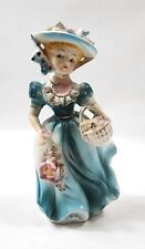 Beautiful Vintage Victorian Turquoise Girl Figurine 8" Tall Spaghetti Trim READ