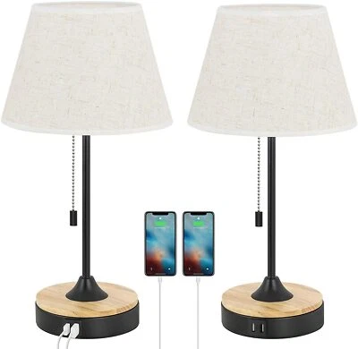 Set of 2 Table Lamps with 2 USB Charging Ports, Fabric Shade for Bedroom Reading - Image 1 of 4