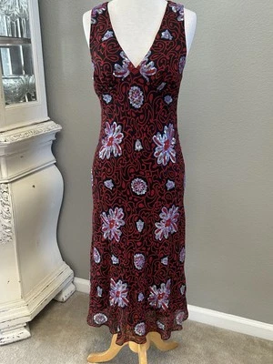 Vintage Nicole Miller Vestido de Seda Vermelho Preto Lavanda Lantejoulas Romântico Sexy Excelente Estado Usado 6 - Imagem 1 de 4
