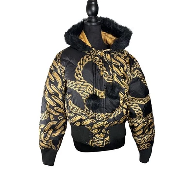 Y2K Rocawear Puffer Jacket Black Gold Chain Print Faux Fur Hooded Bomber XL - Image 1 of 4