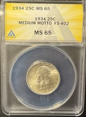 1934 Medium Motto Washington Silver Quarter Coin FS-402 ANACS MS-65 Toned (9) - Image 1 of 2