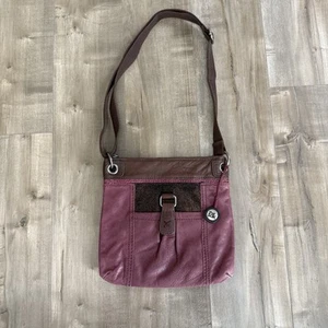 The SAK Vintage Umhängetasche Leder rot lila metallic braun Stoffriemen - Bild 1 von 16