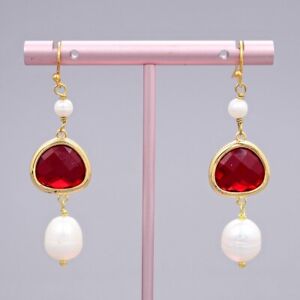 Freshwater Cultured White Rice Pearl Red Crystal Glass Gold Plated Hook Earrings