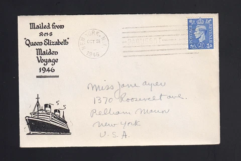 GB: 1946 RMS "QUEEN ELIZABETH" MAIDEN Voyage PAQUEBOT Cover to US Cover