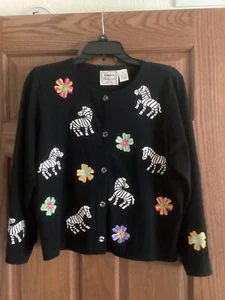 EMMA TRICOT Lite Cotton Embroidered ZEBRAs Black CARDIGAN Size S - Picture 1 of 12