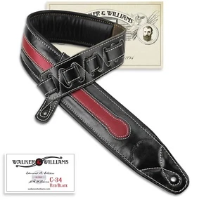 Walker & Williams C-34-RB Black & Red Premium Double Padded Leather Guitar Strap - Picture 1 of 7