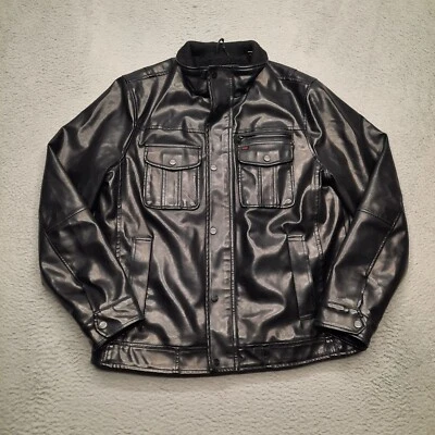 Levis Trucker 夹克男式大号黑色皮革羊毛衬里全拉链军用 — 第 1/4 张图片