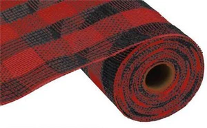 Red Black Plaid Check Cotton Faux Jute Deco Mesh 10 Inches x 10 Yards - Picture 1 of 1