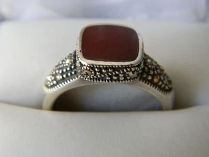 Vintage 925 Sterling Asscher-Schliff bündige Einfassung echter Karneol & Markasit Ring Größe 8 - Bild 1 von 9
