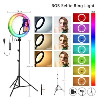 10" LED RGB Ring Light Dimmable Lighting Kit Phone Selfie Tripod Makeup Youtube  - Image 1 of 4
