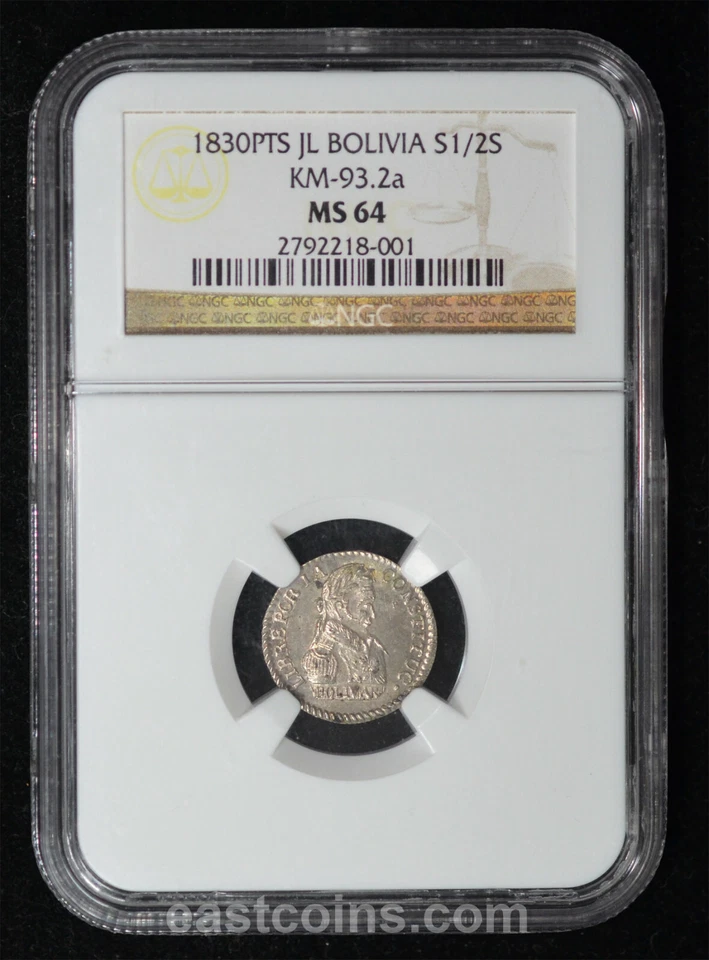NGC MS64 1830 PTS JL Bolivia Silver 1/2 Sol 6 Point Stars 1 YEAR TYPE KM# 93.2a - Image 1 of 4