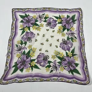 Fazzoletto vintage Hanky Hankie giallo viola narcisi giglio floreale 13"" quadrato - Foto 1 di 5