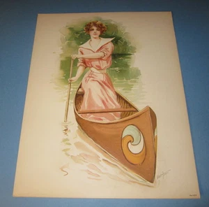 Old Vintage 1908 Antique - VICTORIAN PRINT - Sporting Girls - LADY in CANOE - Picture 1 of 1