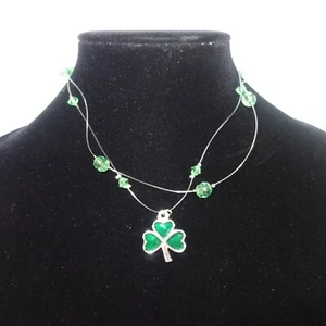 St. Patrick Day Clover with Green Fauceted Bead Floating Necklace - Picture 1 of 3