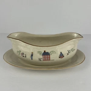 Newcor Stoneware Gravy Boat with Under-plate Vintage Farmhouse Scene - Picture 1 of 13