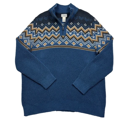 LL Bean Men's Organic Cotton Knit Fair Isle Blue 1/4 Zip Sweater Size L-Tall - Image 1 of 4