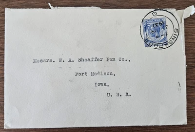 1937 Singapur a EE. UU. cubierta 1 sello de asentamientos del estrecho a Fort Madison, Iowa Foto 1 de 4