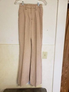 VTG 1970s Brown Tan Boot Cut Flared Pants XS-S Prior Westerns Plaid Houndstooth - Picture 1 of 15