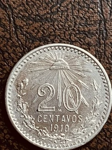 1910 20 Centavos 0.800 Silver Mexico - Picture 1 of 2